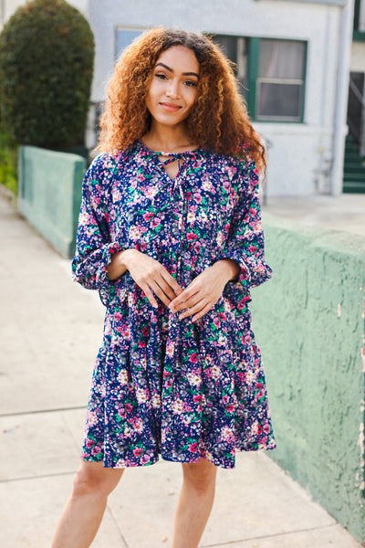 Navy Floral Bow Tie Babydoll Long Ruffle Sleeve Dress - Online Only!