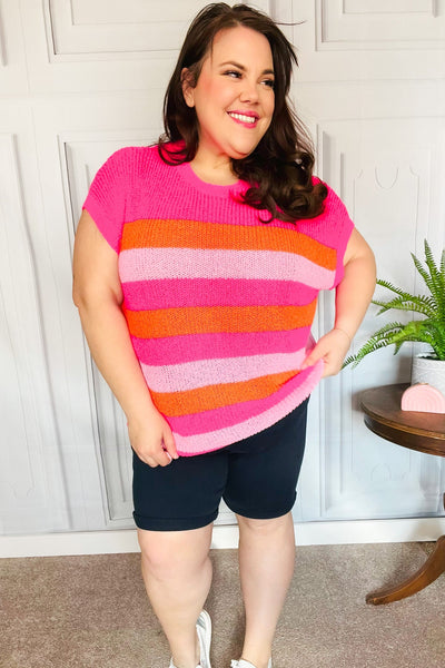 Fuchsia & Orange Stripe Short Sleeve Dolman Sweater - Online Only!