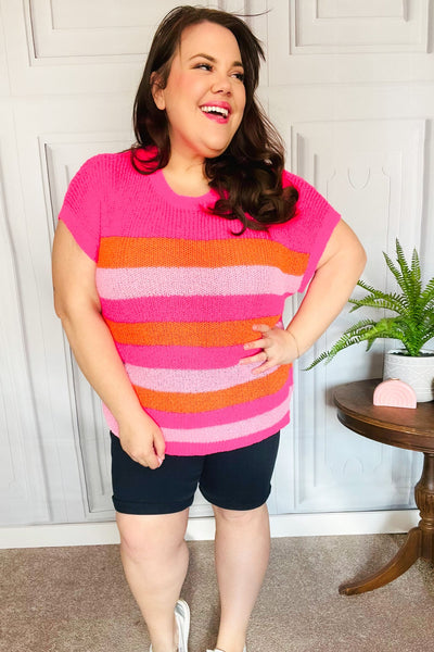 Fuchsia & Orange Stripe Short Sleeve Dolman Sweater - Online Only!