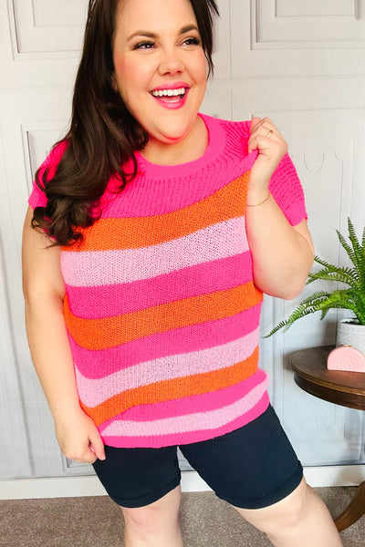 Fuchsia & Orange Stripe Short Sleeve Dolman Sweater - Online Only!