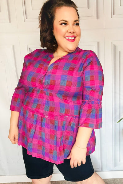 Back To Basics Fuchsia Plaid Notched Neck Babydoll Top - Online Only!