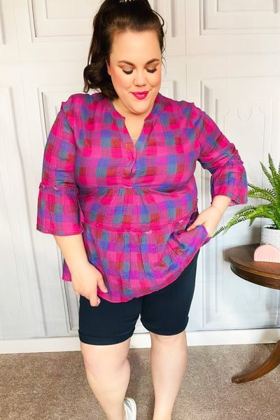 Back To Basics Fuchsia Plaid Notched Neck Babydoll Top - Online Only!