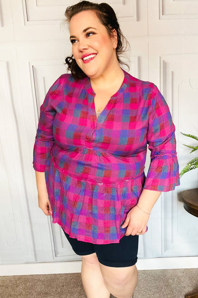 Back To Basics Fuchsia Plaid Notched Neck Babydoll Top - Online Only!