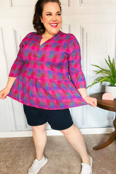 Back To Basics Fuchsia Plaid Notched Neck Babydoll Top - Online Only!