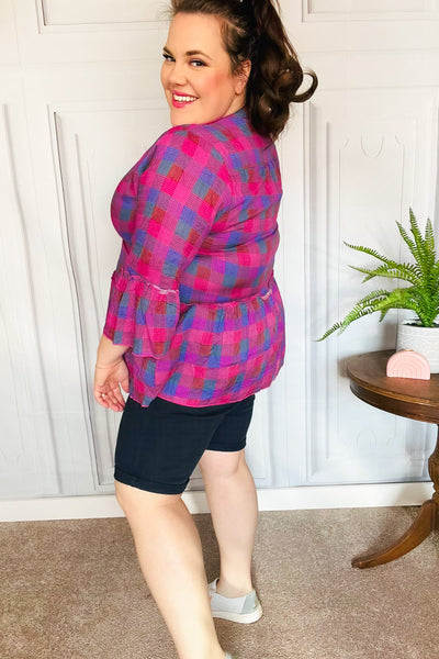 Back To Basics Fuchsia Plaid Notched Neck Babydoll Top - Online Only!