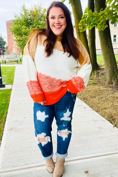 Adorable You Camel & Orange Color Block Sweater - Online Only!