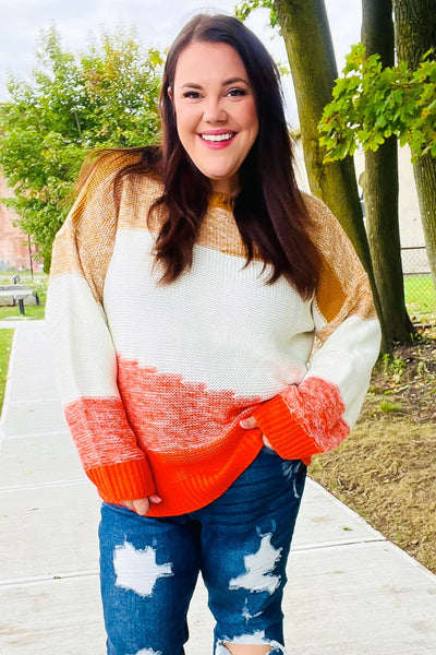 Adorable You Camel & Orange Color Block Sweater - Online Only!