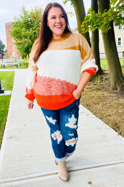 Adorable You Camel & Orange Color Block Sweater - Online Only!