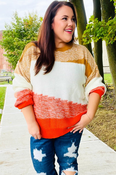 Adorable You Camel & Orange Color Block Sweater - Online Only!