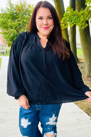 Boho Vibes Black Notched Neck Smocked Bubble Sleeve Top - Online Only!