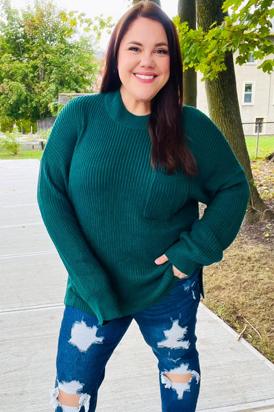 Classy Chic Hunter Green Mock Neck Chest Pocket Knit Sweater - Online Only!