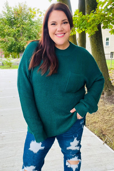Classy Chic Hunter Green Mock Neck Chest Pocket Knit Sweater - Online Only!
