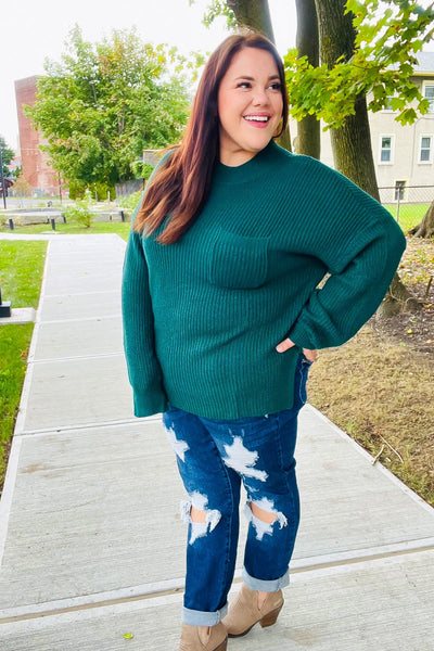 Classy Chic Hunter Green Mock Neck Chest Pocket Knit Sweater - Online Only!