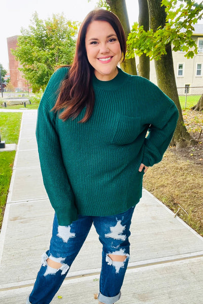 Classy Chic Hunter Green Mock Neck Chest Pocket Knit Sweater - Online Only!