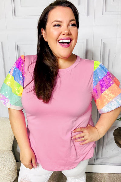 Stand Out Pink Rainbow Sequin Puff Sleeve Top - Online Only!