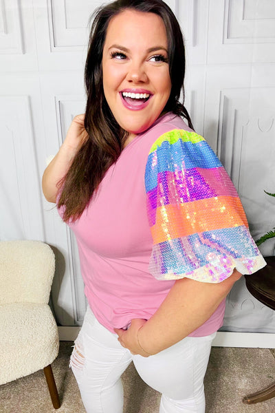 Stand Out Pink Rainbow Sequin Puff Sleeve Top - Online Only!