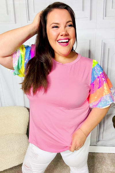 Stand Out Pink Rainbow Sequin Puff Sleeve Top - Online Only!