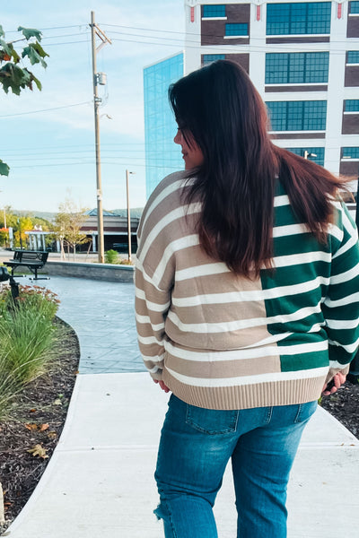 Hunter Green & Taupe Striped Color Block Sweater - Online Only!