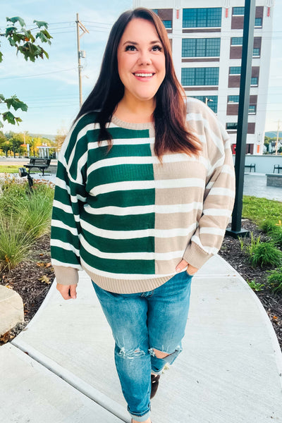 Hunter Green & Taupe Striped Color Block Sweater - Online Only!