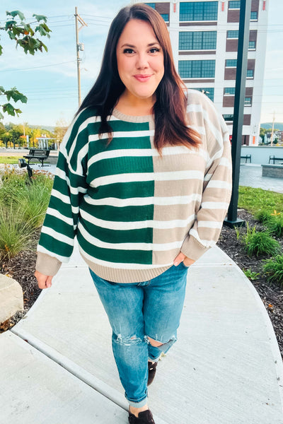 Hunter Green & Taupe Striped Color Block Sweater - Online Only!