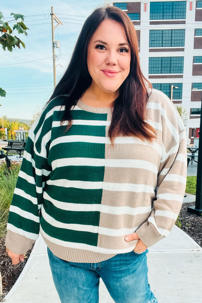 Hunter Green & Taupe Striped Color Block Sweater - Online Only!