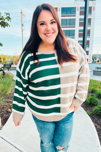 Hunter Green & Taupe Striped Color Block Sweater - Online Only!