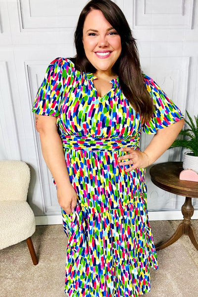 All For You Navy Multicolor Abstract Print Smocked Waist Maxi Dress - Online Only!