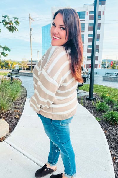 Hunter Green & Taupe Striped Color Block Sweater - Online Only!
