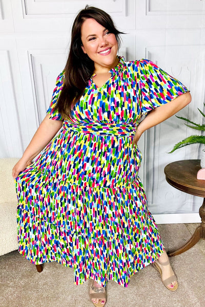 All For You Navy Multicolor Abstract Print Smocked Waist Maxi Dress - Online Only!