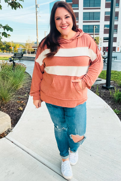 Rust Stripe Color Block French Terry Hoodie - Online Only!