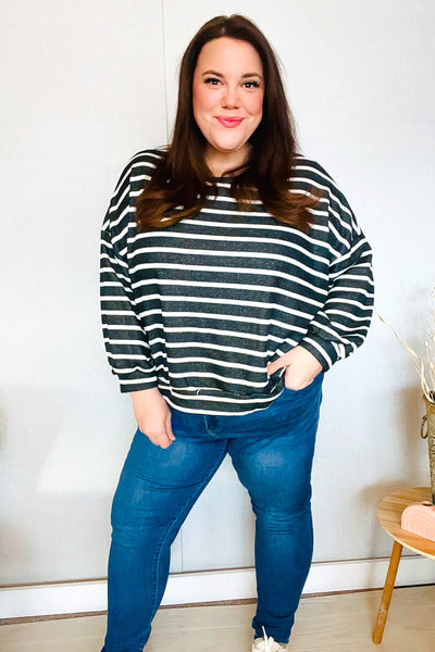 Look Striking Charcoal Stripe Terry Banded Dolman Pullover - Online Only!