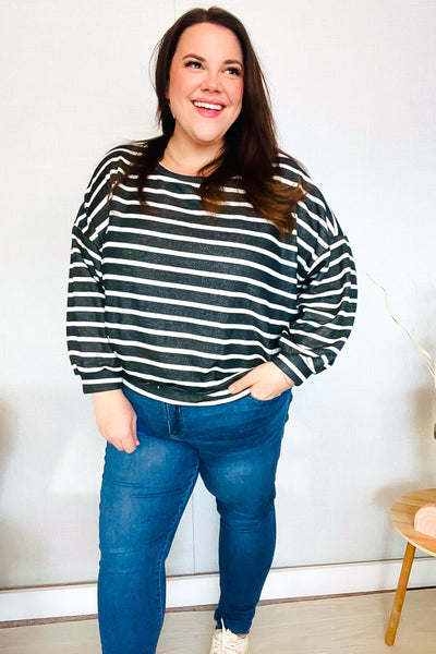 Look Striking Charcoal Stripe Terry Banded Dolman Pullover - Online Only!