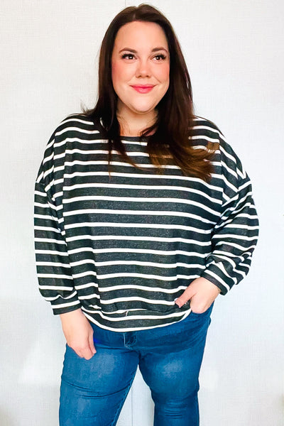 Look Striking Charcoal Stripe Terry Banded Dolman Pullover - Online Only!