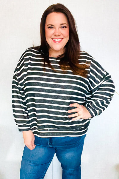Look Striking Charcoal Stripe Terry Banded Dolman Pullover - Online Only!