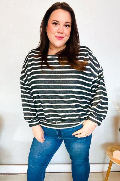Look Striking Charcoal Stripe Terry Banded Dolman Pullover - Online Only!