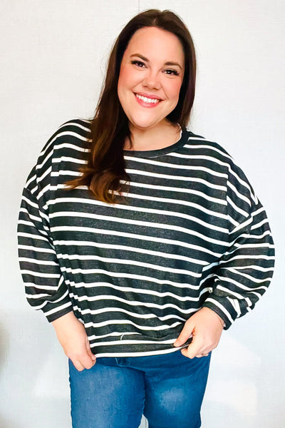Look Striking Charcoal Stripe Terry Banded Dolman Pullover - Online Only!