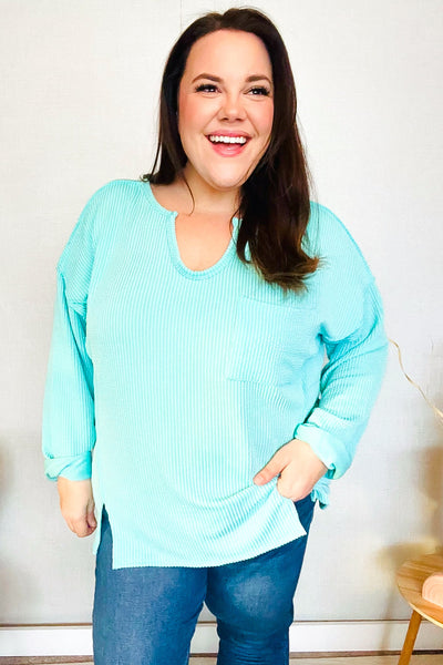 Eyes On You Seafoam Mineral Wash Rib Notch Neck Pocket Top - Online Only!