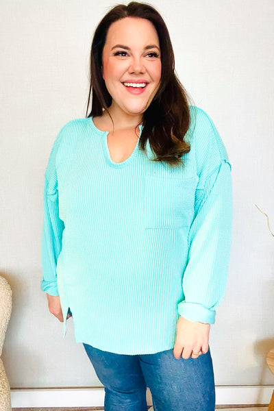 Eyes On You Seafoam Mineral Wash Rib Notch Neck Pocket Top - Online Only!