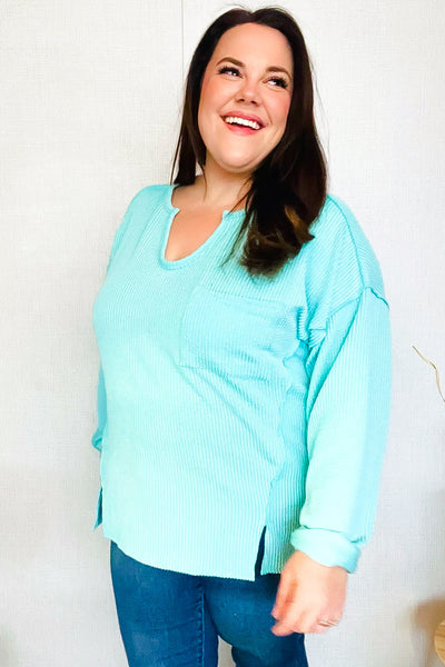 Eyes On You Seafoam Mineral Wash Rib Notch Neck Pocket Top - Online Only!