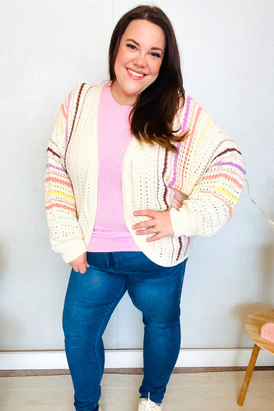 Easy Living Oatmeal Multicolor Stripe Dolman Crochet Cardigan - Online Only!