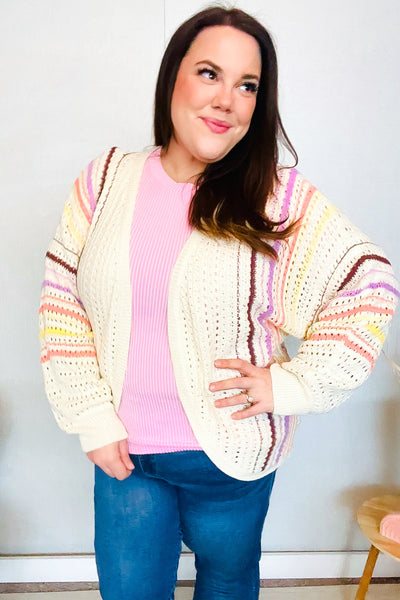 Easy Living Oatmeal Multicolor Stripe Dolman Crochet Cardigan - Online Only!