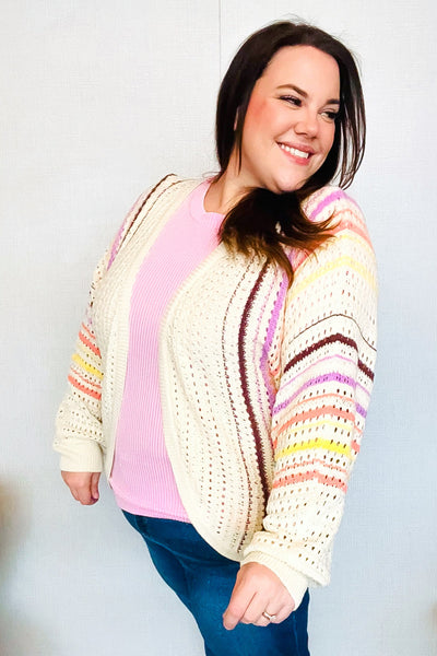 Easy Living Oatmeal Multicolor Stripe Dolman Crochet Cardigan - Online Only!
