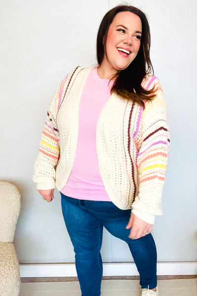 Easy Living Oatmeal Multicolor Stripe Dolman Crochet Cardigan - Online Only!