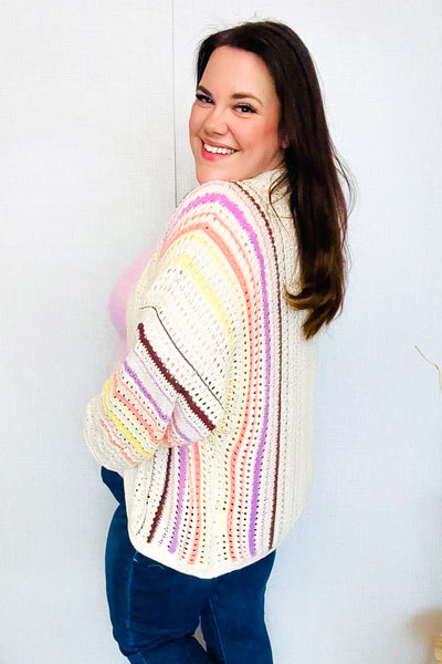 Easy Living Oatmeal Multicolor Stripe Dolman Crochet Cardigan - Online Only!