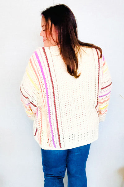 Easy Living Oatmeal Multicolor Stripe Dolman Crochet Cardigan - Online Only!