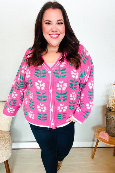 All For Love Fuchsia Flower Print Button Down Knit Cardigan - Online Only!