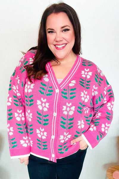 All For Love Fuchsia Flower Print Button Down Knit Cardigan - Online Only!