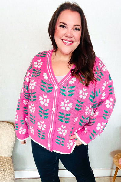 All For Love Fuchsia Flower Print Button Down Knit Cardigan - Online Only!