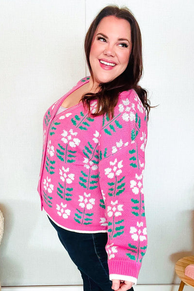 All For Love Fuchsia Flower Print Button Down Knit Cardigan - Online Only!