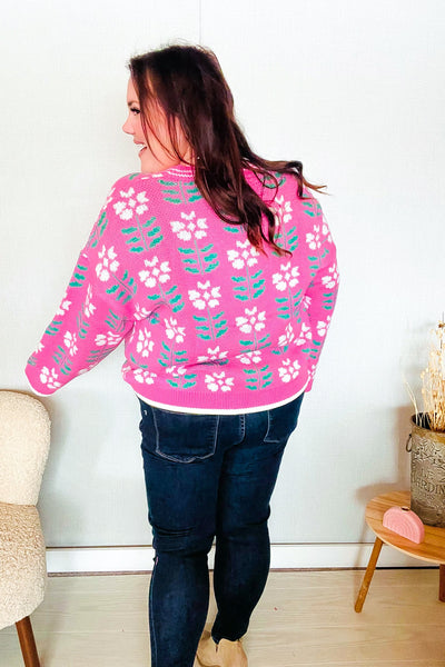 All For Love Fuchsia Flower Print Button Down Knit Cardigan - Online Only!